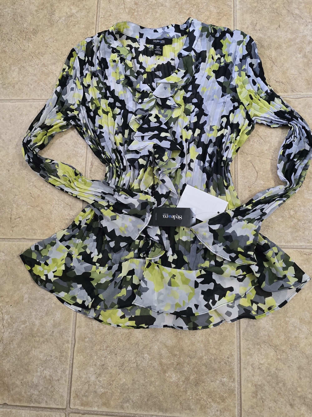 Style & Co. Lime Green Black White Ruffle-Front Pleated Blouse